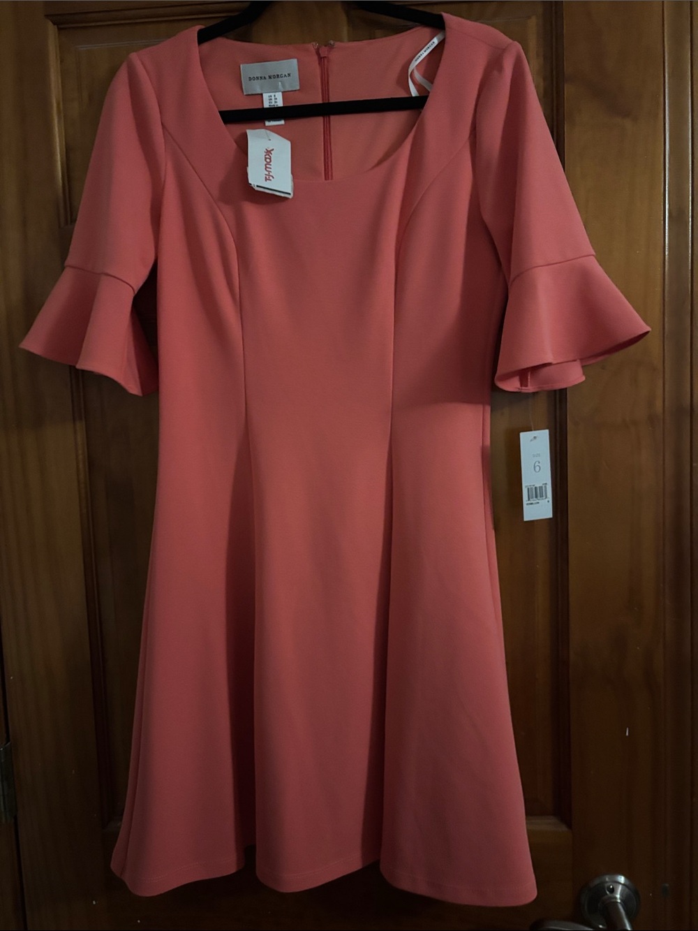 Donna Morgan Coral-Peach Fit-and-Flare Dress with Ruffle Sleeves